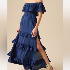 Altar'd State Navy Blue Off-Shoulder Ruffle Maxi Dress